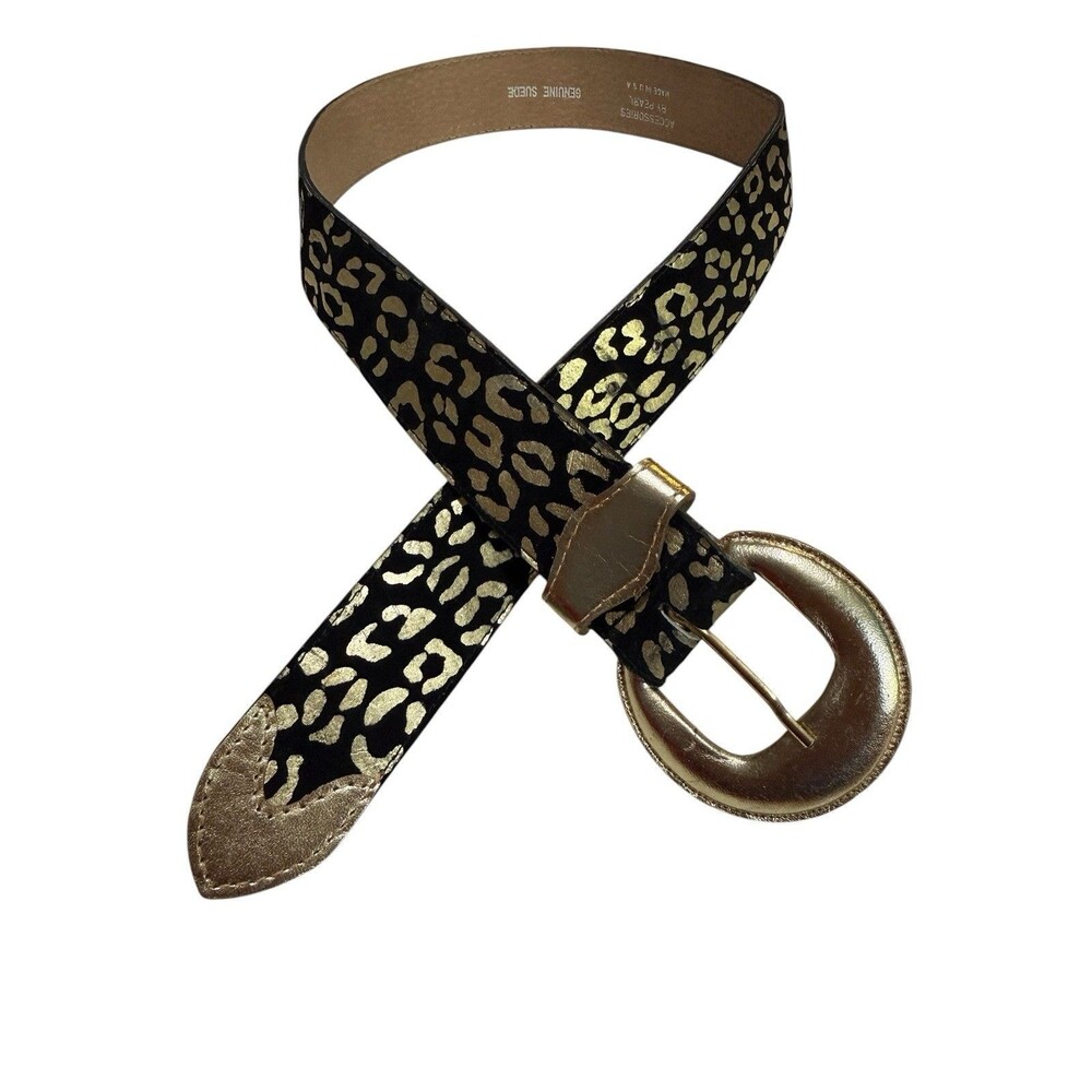 Accessories by Pearl Vintage Suede Leopard Belt Gold Buckle Made USA 26-29.5